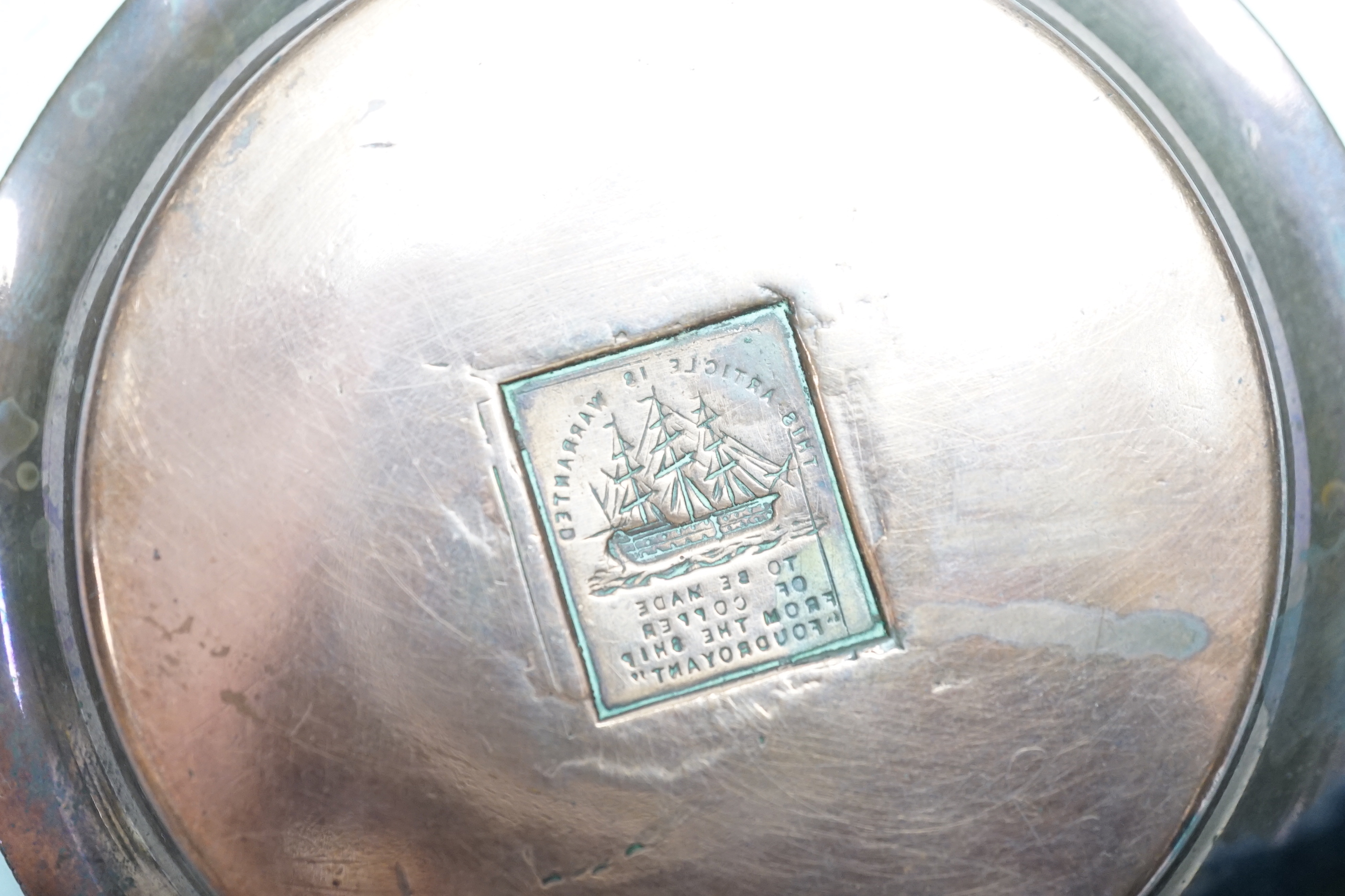 A copper pin dish, souvenir of HMS Foudroyant, 10cm